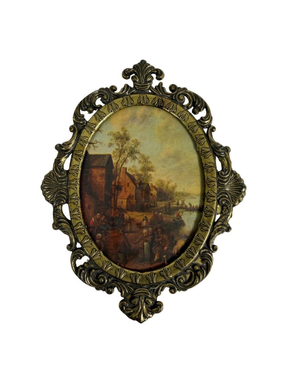 Vintage Oval Framed Italian Village Scene Print Ornate Brass Frame Made In ITALY